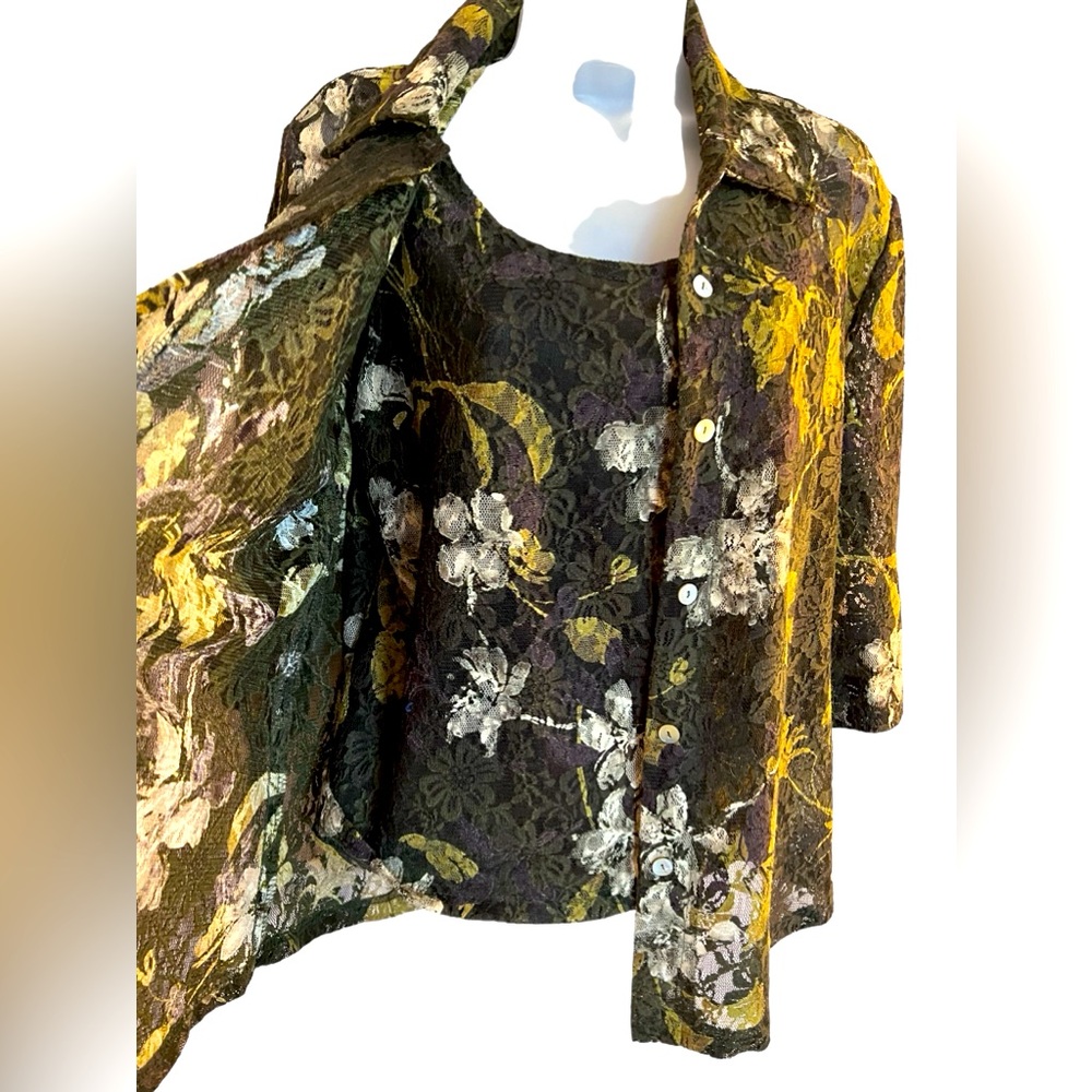 2 Piece Lace Green Floral Tank Top and Cover Button Up Blouse Size 12